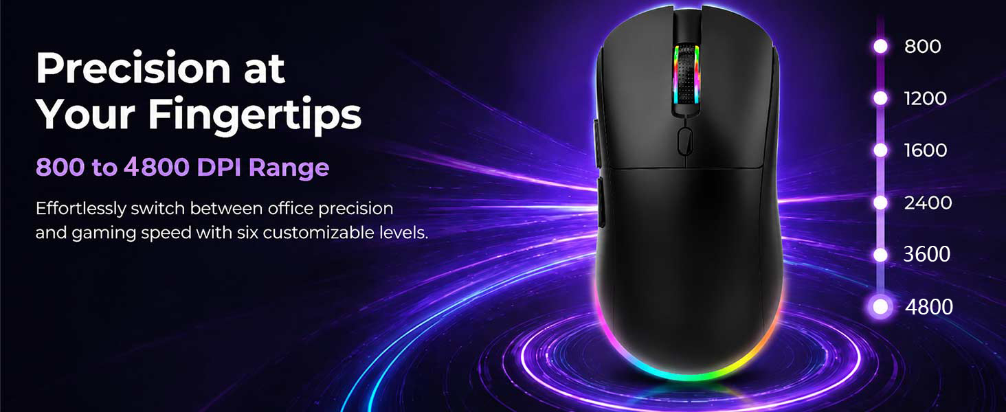 Wireless Gaming Mouse, RGB Bluetooth/2.4G/Wired, 4800 DPI -Black | Dual Bluetooth, 2.4G & wired Tri-