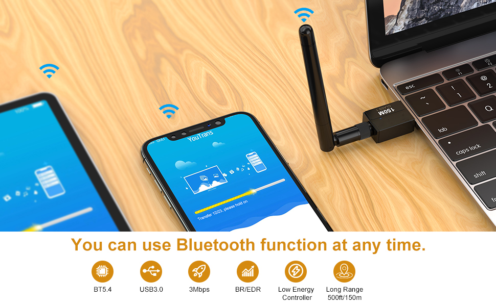 USB Bluetooth 5.4 Adapter for Desktop PC, Long Range 500FT/150M Wireless Transfer Bluetooth 5.4