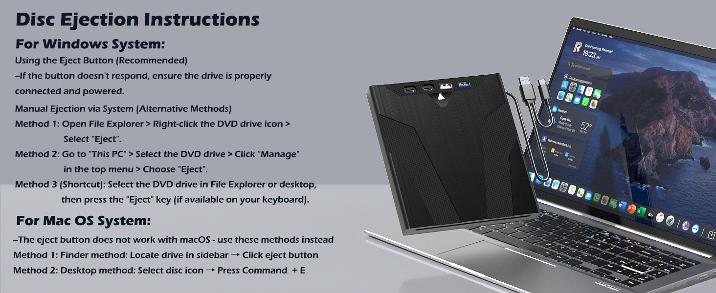 8 in 1 External CD/DVD Drive for Laptops, Slot-Loading Portable CD Reader for Laptop, CDs Drive Exte