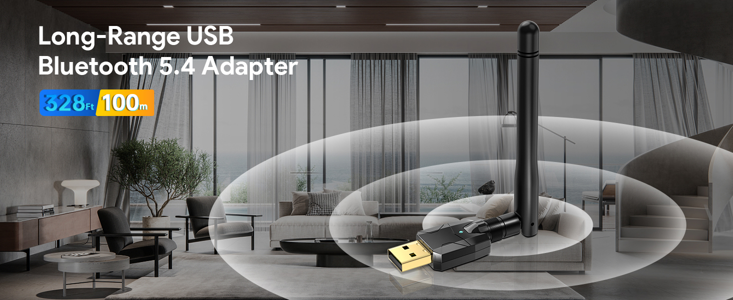 USB Bluetooth 5.4 Adapter, Bluetooth 5.4 Dongle for PC, Plug and Play, Long Range 328ft/100M