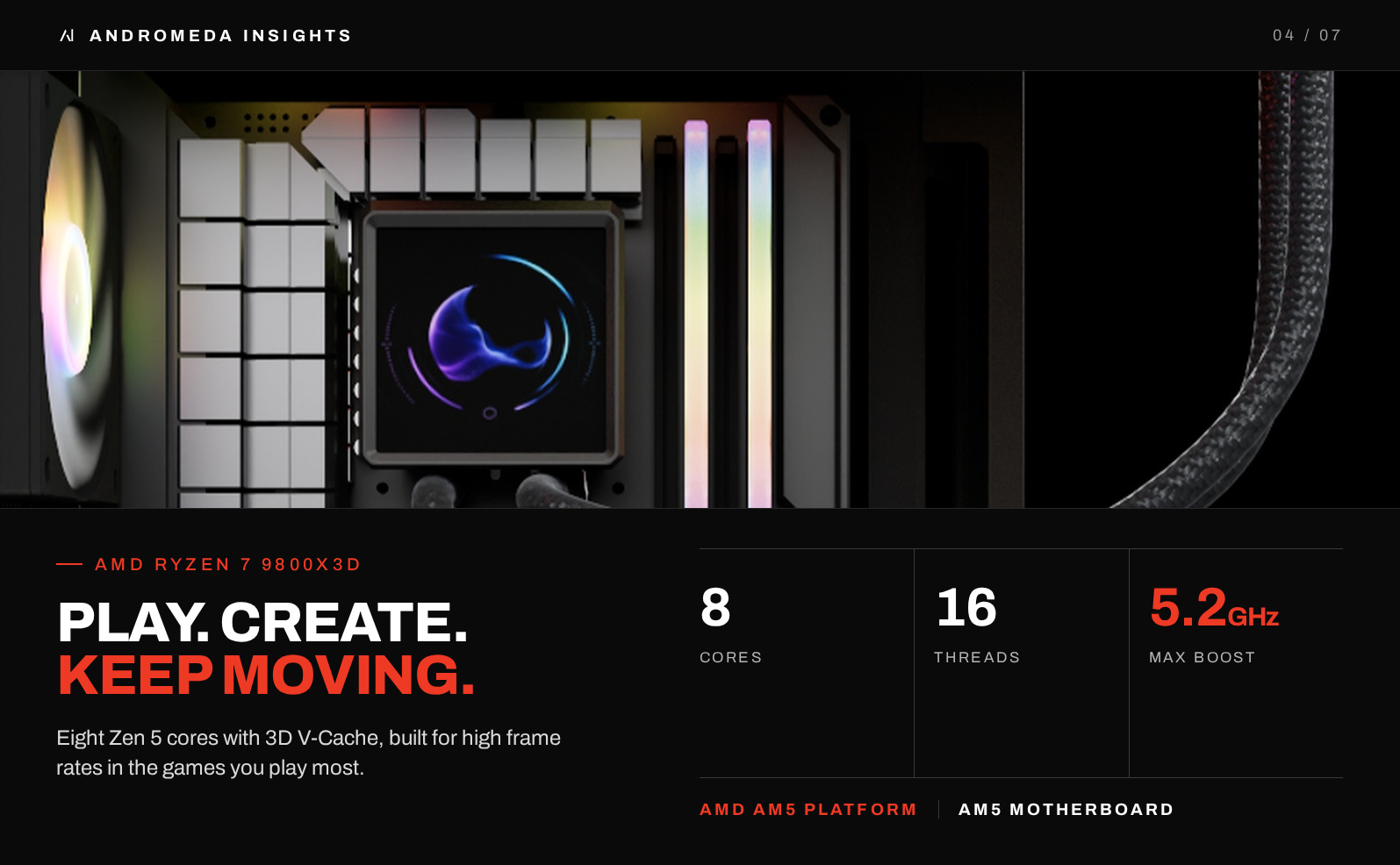 AMD Ryzen 7 9800X3D with 8 cores, 16 threads and up to 5.2 GHz boost