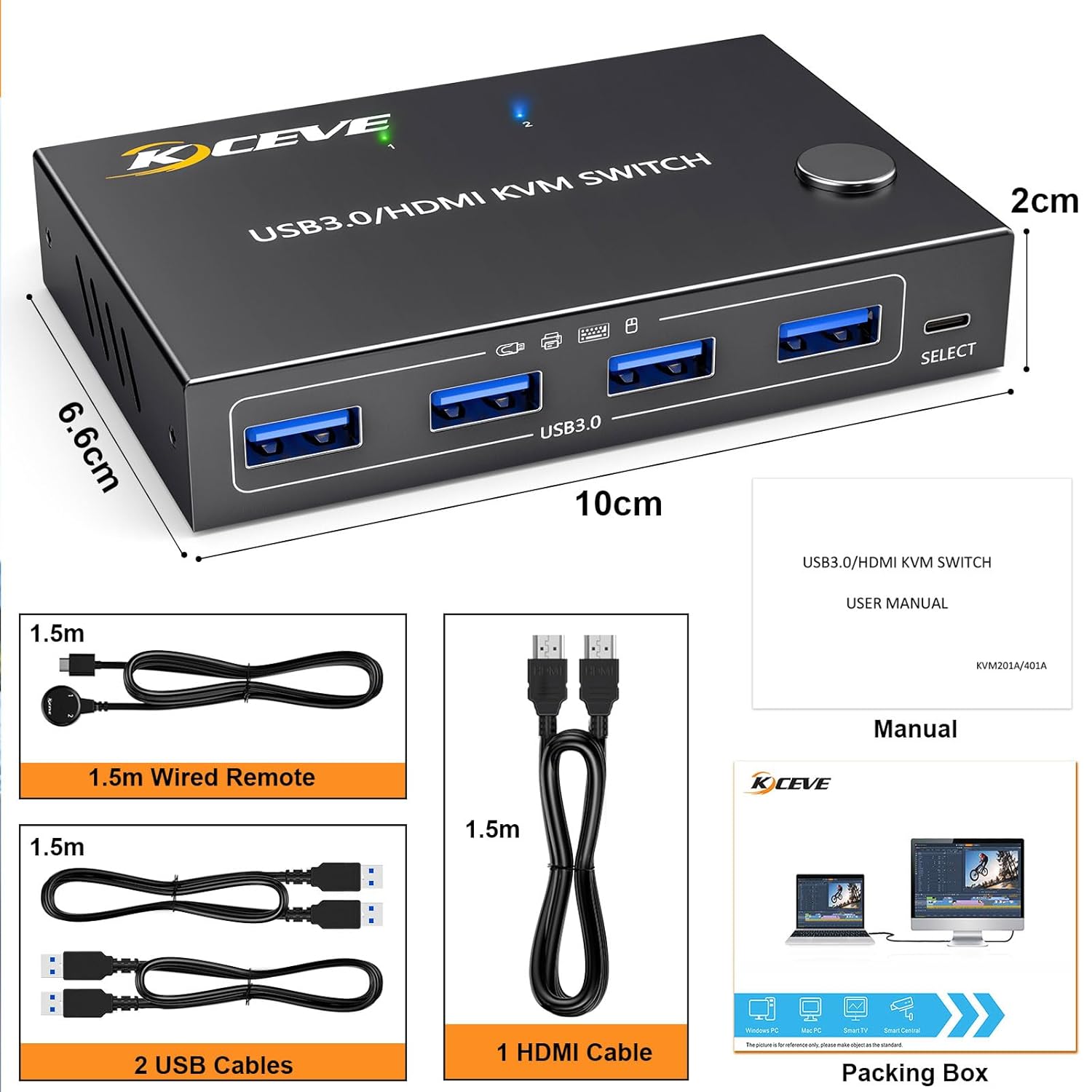 HDMI 2.0     HDCP 2.2     USB 3.0     EDID Emulator     5Gbps     Metal shell     2 Switch Met