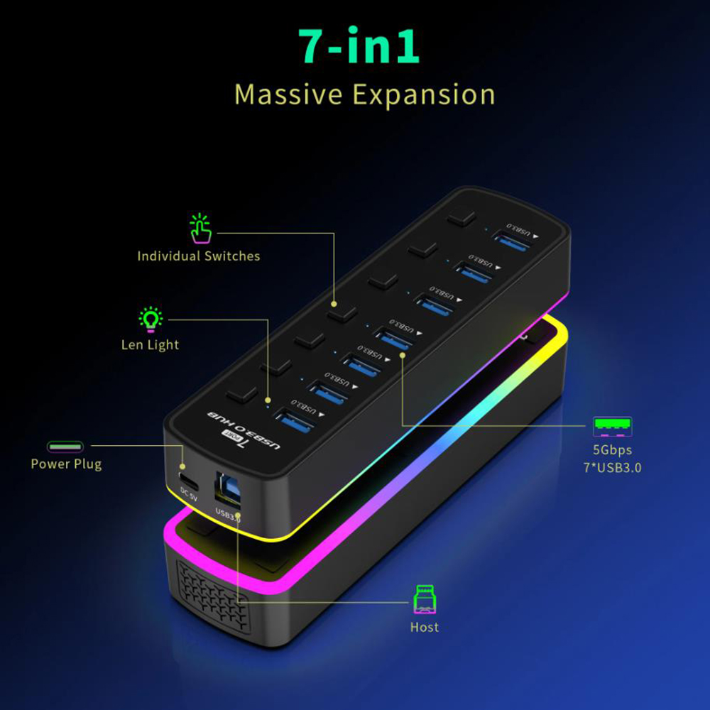 Hitoor USB 3.0 Hub, RGB 7 Ports USB 3.0 Hub with 14 Mode RGB LED Strip, 5Gbps High Speed USB Splitte