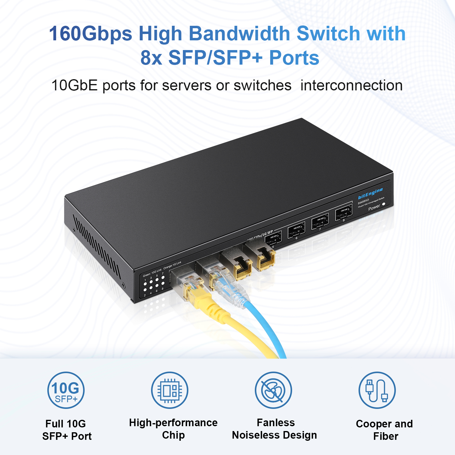 8 Ports 10Gbps SFP+ unmanaged Ethernet Switch, Supports Fiber and