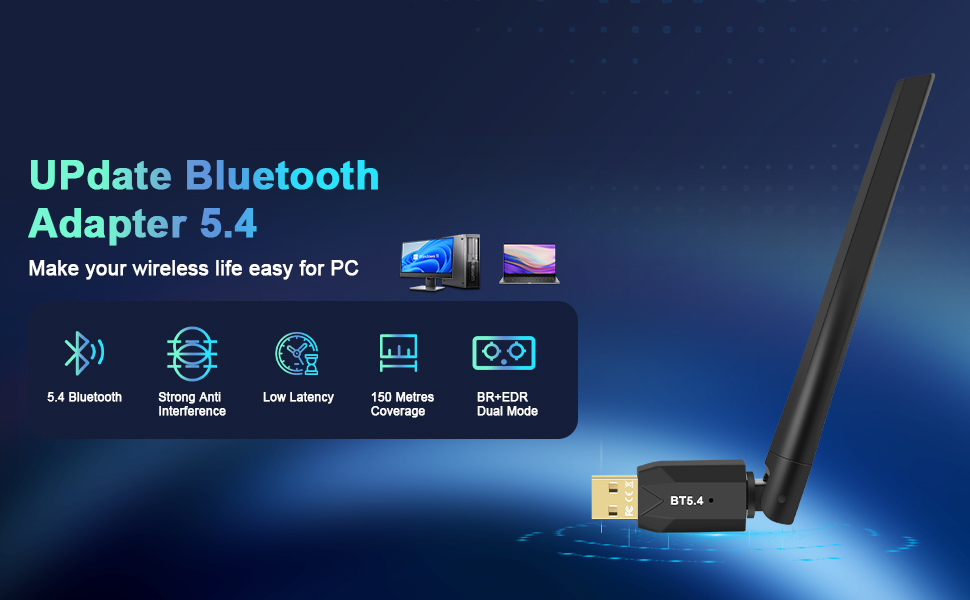 Bluetooth 5.4 Adapter for PC, 2x5dBi USB Bluetooth Dongle BT5.4 EDR Adapter for Laptop Keyboard Mou