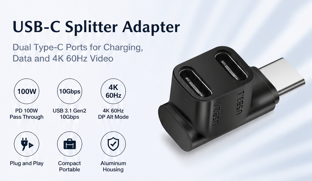 USB-C Splitter Adapter Dual Type-C Ports 100W PD Pass Through USB 3.1 Gen2 10Gbps 4K 60Hz DP Alt Mod