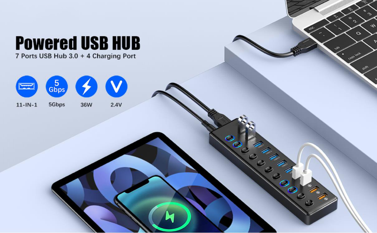 Powered USB Hub 3.0, 11-Port USB 3.0 Hub Splitter (7x USB 3.0 Data Ports + 4x Smart Charging Port) w