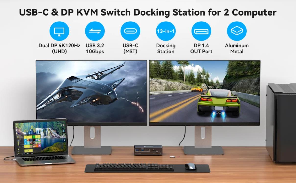 DP KVM Docking Station 4K120Hz, USB C KVM Switch 2 Monitors 2 PCs Displayport Dual Monitor KVM Switc