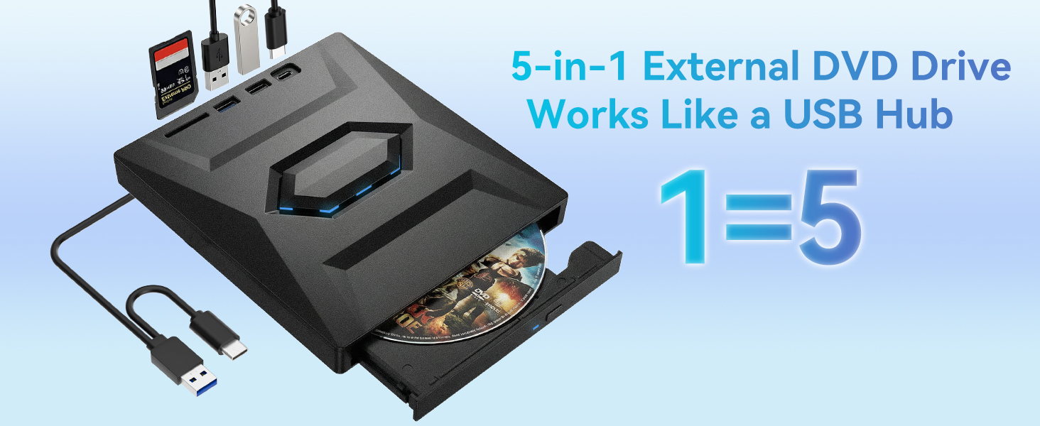 External CD DVD drive, 5-in-1 Multifunctional USB 3.0 Type C External DVD Drive, with SD/TF card rea