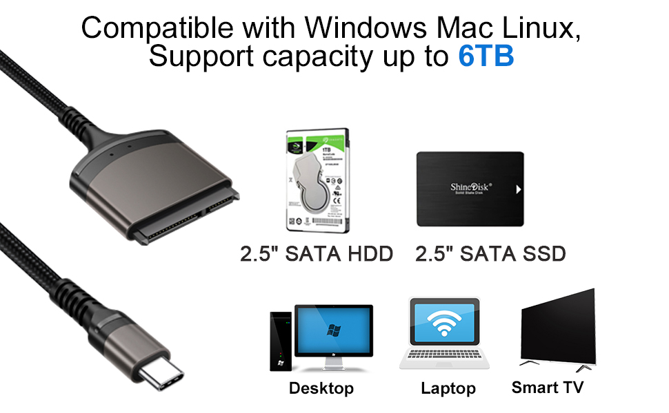 Access any SATA 2.5 in. SSD/HDD from a USB-C-enabled laptop or desktop computer, for easy data migra