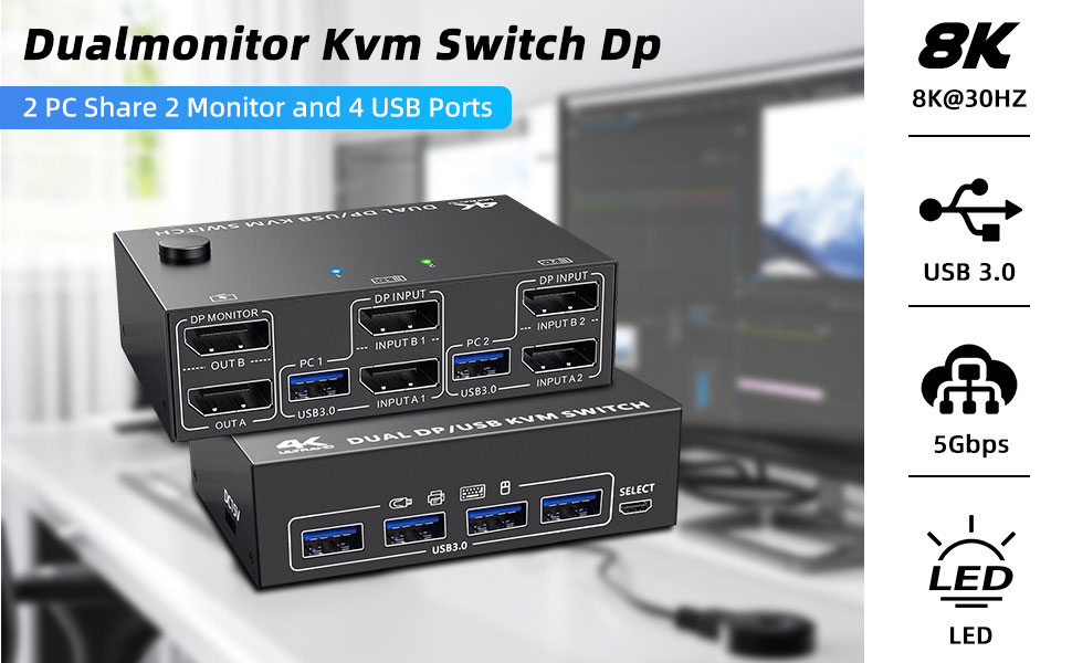 KVM Switch 2 PC 2 Monitors can control 2 computers or laptops with a set of keyboard and mouse, shar