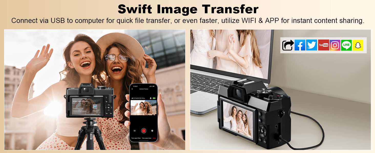 Fast WiFi & USB file transfer for instant social media sharing via dedicated APP