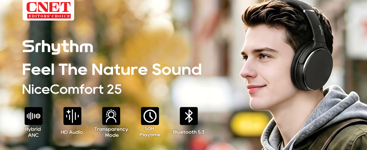 Srhythm NC25 Hybrid Noise Cancelling Headphones Over Ear