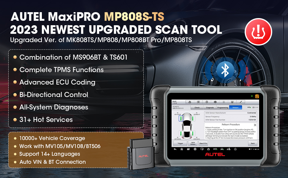 Autel Scanner MaxiPRO MP808S-TS TPMS Relearn Rest Programming Car  Diagnostic Scan Tool with ECU Coding, 31+ Service Year Free Update 