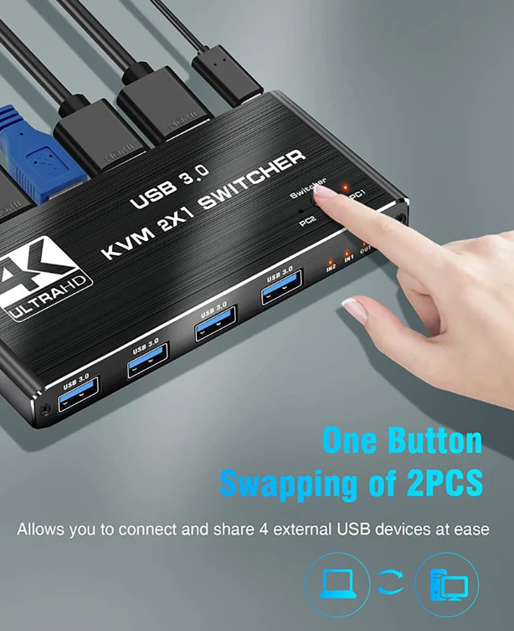 AUTYUE 2 Port HDMI KVM Switch 2 in 1 Out, 4 port - USB 3.0 HDMI KVM Switches 4K@60Hz for 2 Computers