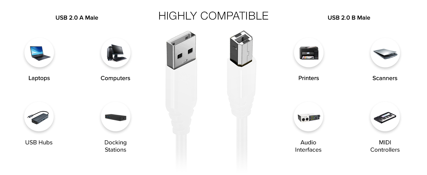 USB 2.0 A to B Cable Male to Male