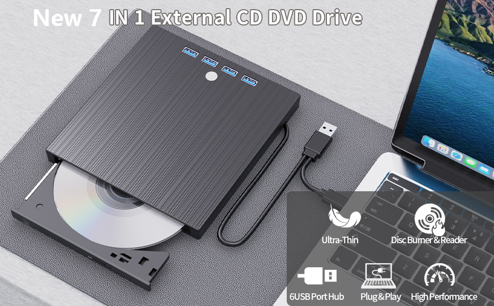 External CD DVD Drive, 7 in 1 USB 3.0 and Type-C Disc Reader Writer Burner Player,Slim and Portable