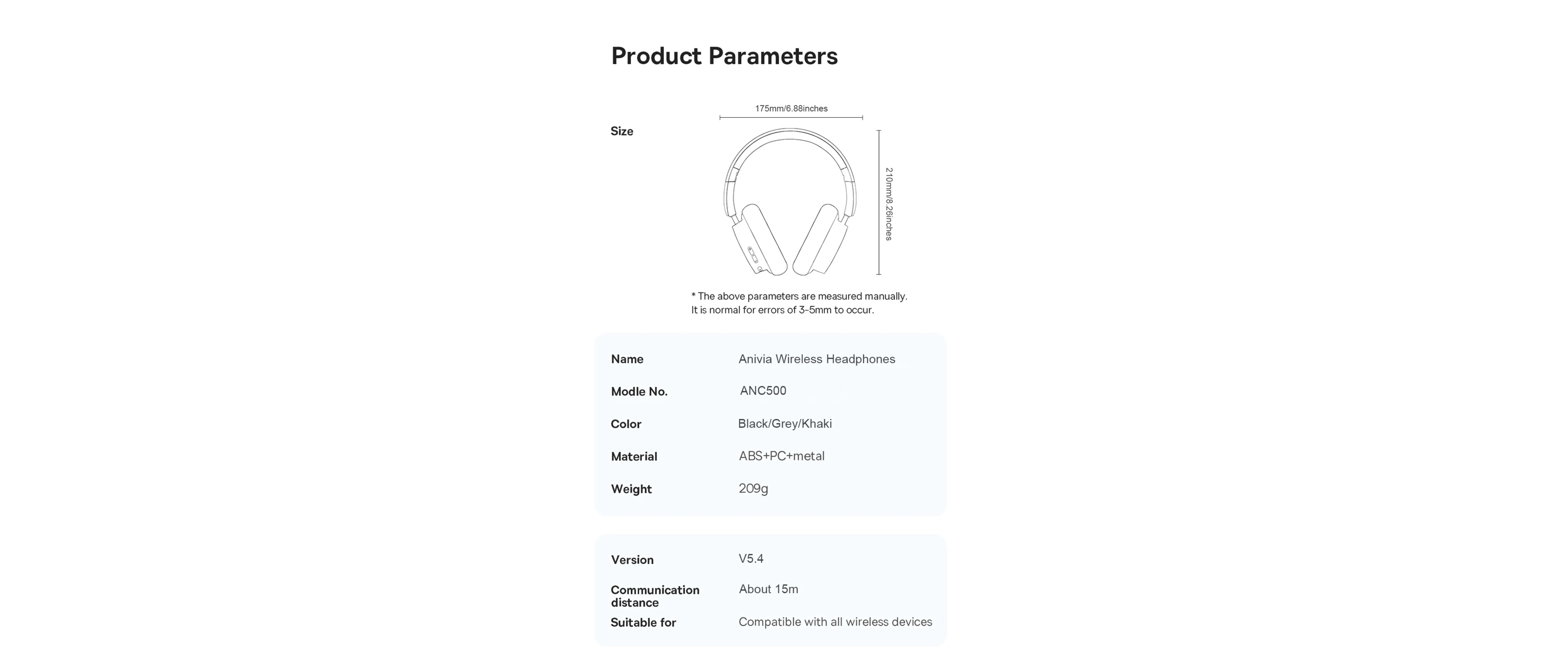 Anivia ANC500 headphones, product spec sheet, dimension diagram, 209g weight, BT5.4