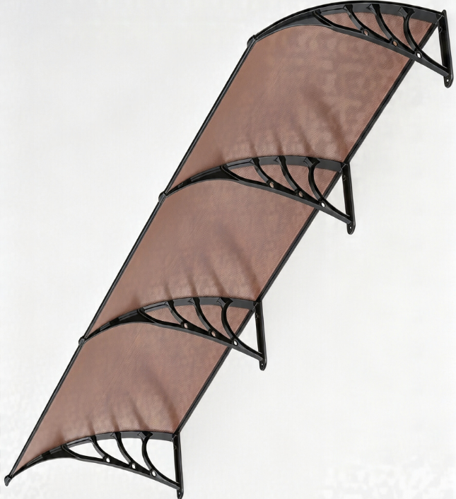 Polycarbonate window awning, outdoor door canopy with black support brackets, curved rain cover