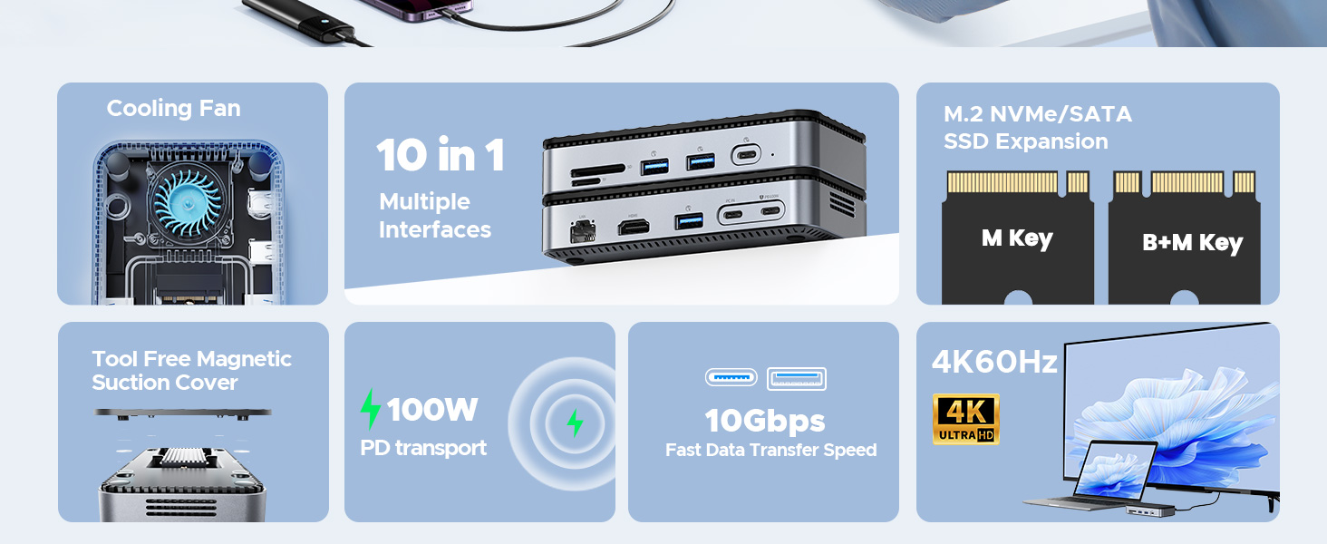 USB C Hub with M.2 SSD Enclosure, New Upgrade ORICO 10-in-1 USB-C Docking Station with Built in fan