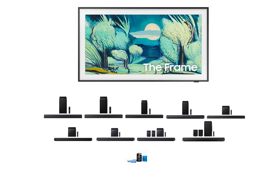 Samsung The Frame TV with Samsung Soundbar and Amber Screen Cleaner