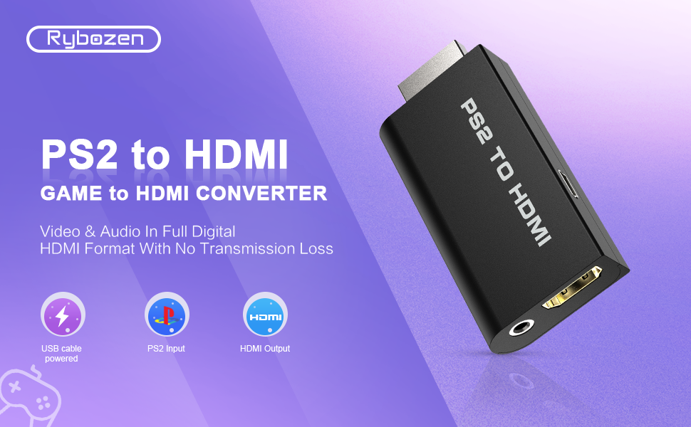 PS2 to HDMI Converter Adapter, Rybozen PS2 to HDMI Video Converter with  3.5mm Audio Output Cable for HDTV HDMI Monitor AV to HDMI Signal Transfer  1080P Adapter, Supports All Playstation 2 Display