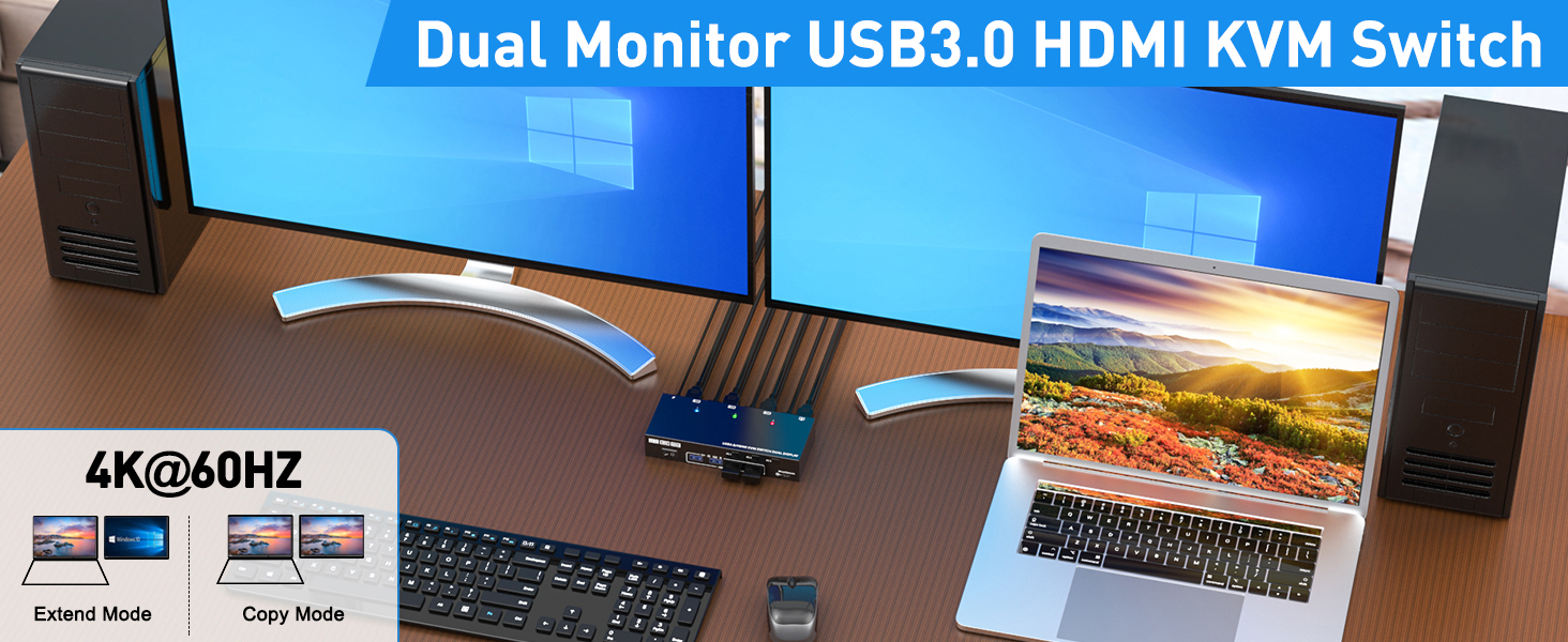 USB 3.0 HDMI KVM Switch 2 Monitors 3 Computers 4K@60Hz