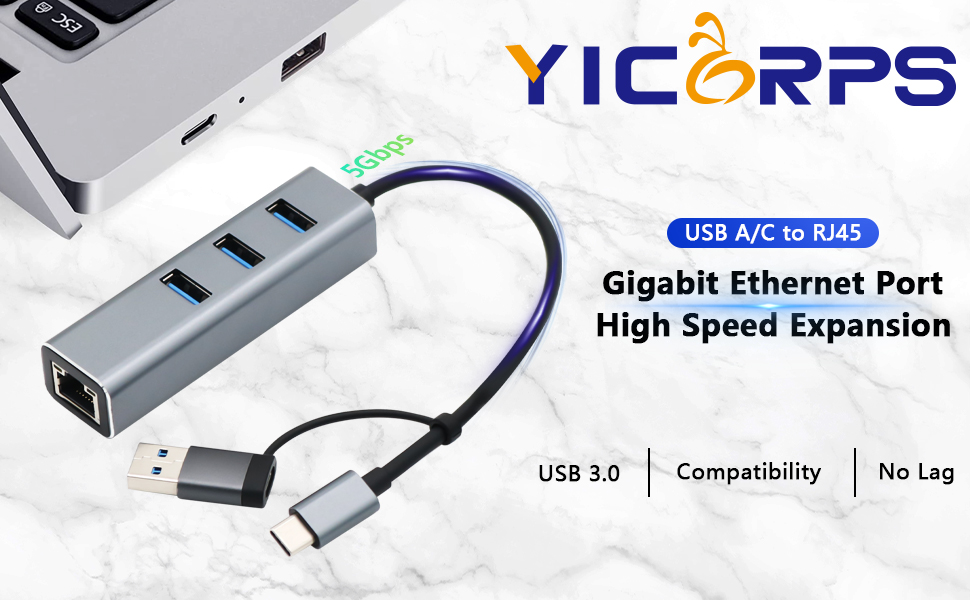 USB C to Ethernet Adapter YICORPS 3 Port USB 3.0 Expander Hub to RJ45 LAN  with Gigabit Ethernet LAN Adapter for MacBook/Windows 10/8.1/Surface