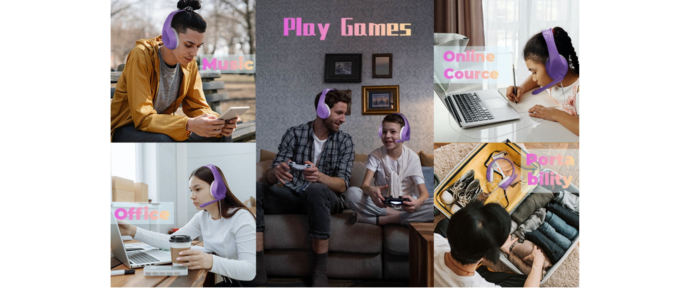 Purple headset multi-scene collage, game, study, music, office
