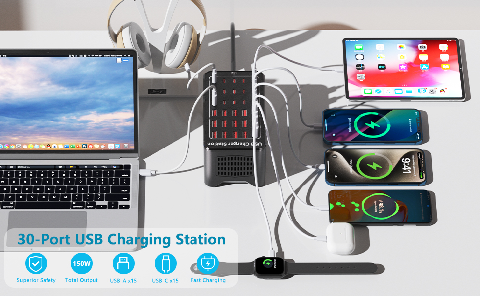 150W(30A) (15 USB A + 15 USB C) USB Charging Station, 30-Port USB C Charger Block, Multiple Desktop/