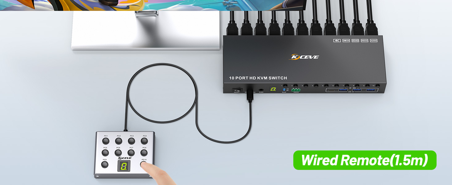 You can easily switch between 10 computers through panel buttons, wired remote or RS232, LED lights