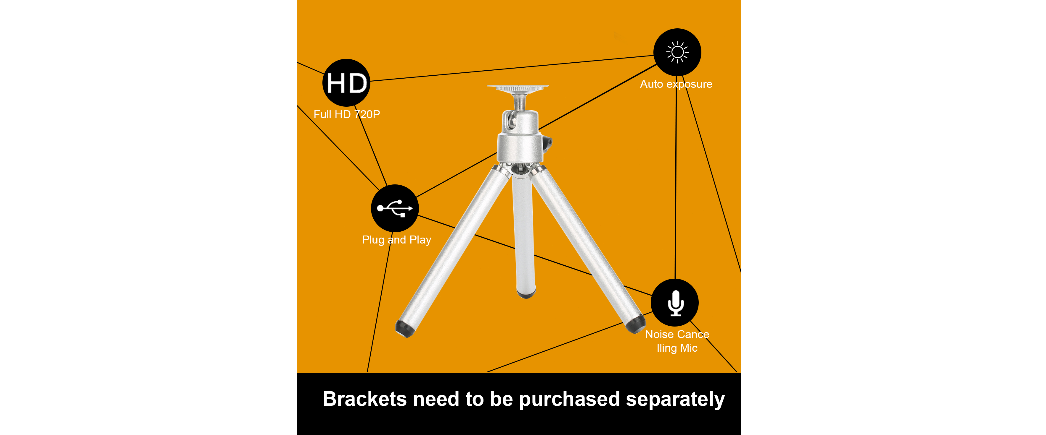 HD 720P usb webcam, plug and play auto exposure noise canceling microphone, tripod sold separately