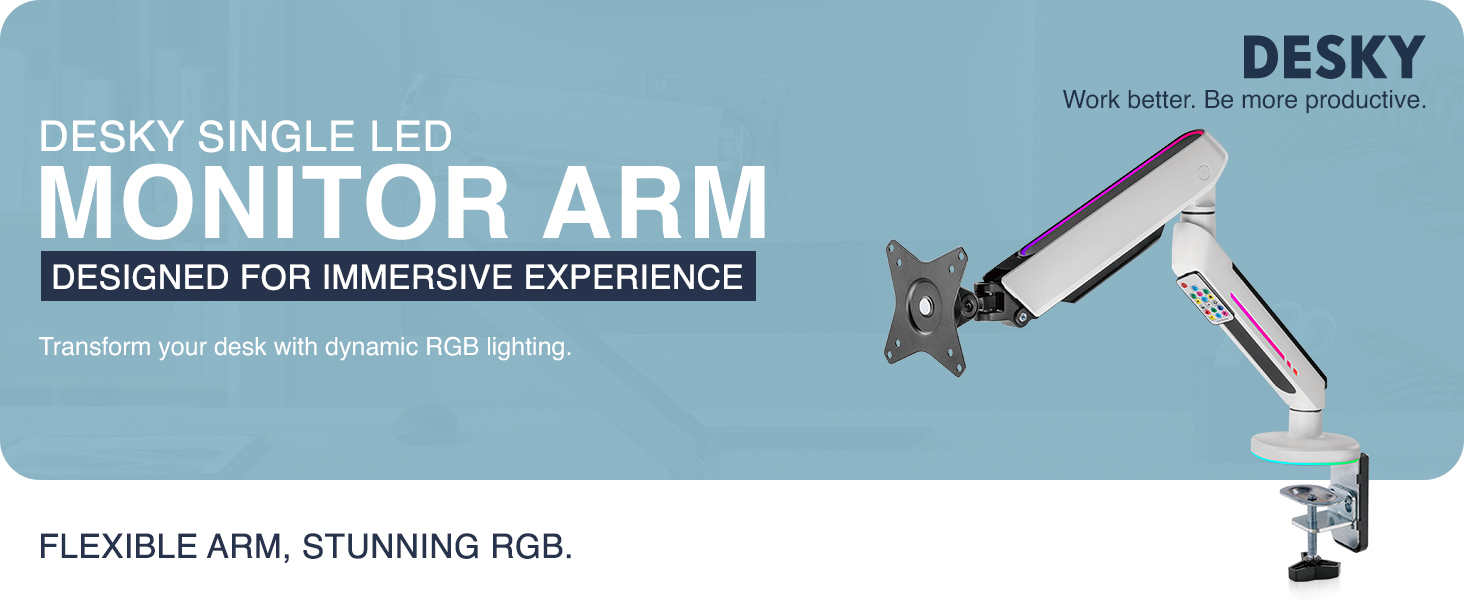 single monitor arm, LED monitor arm, RGB monitor arm, gaming monitor arm, VESA mount, ergonomic