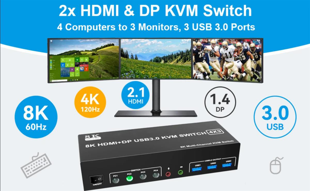 HDMI Displayport KVM Switch 8K 60Hz Triple Monitor Display 4X3 4 port USB DP KVM Switch 2K 165Hz 3 M