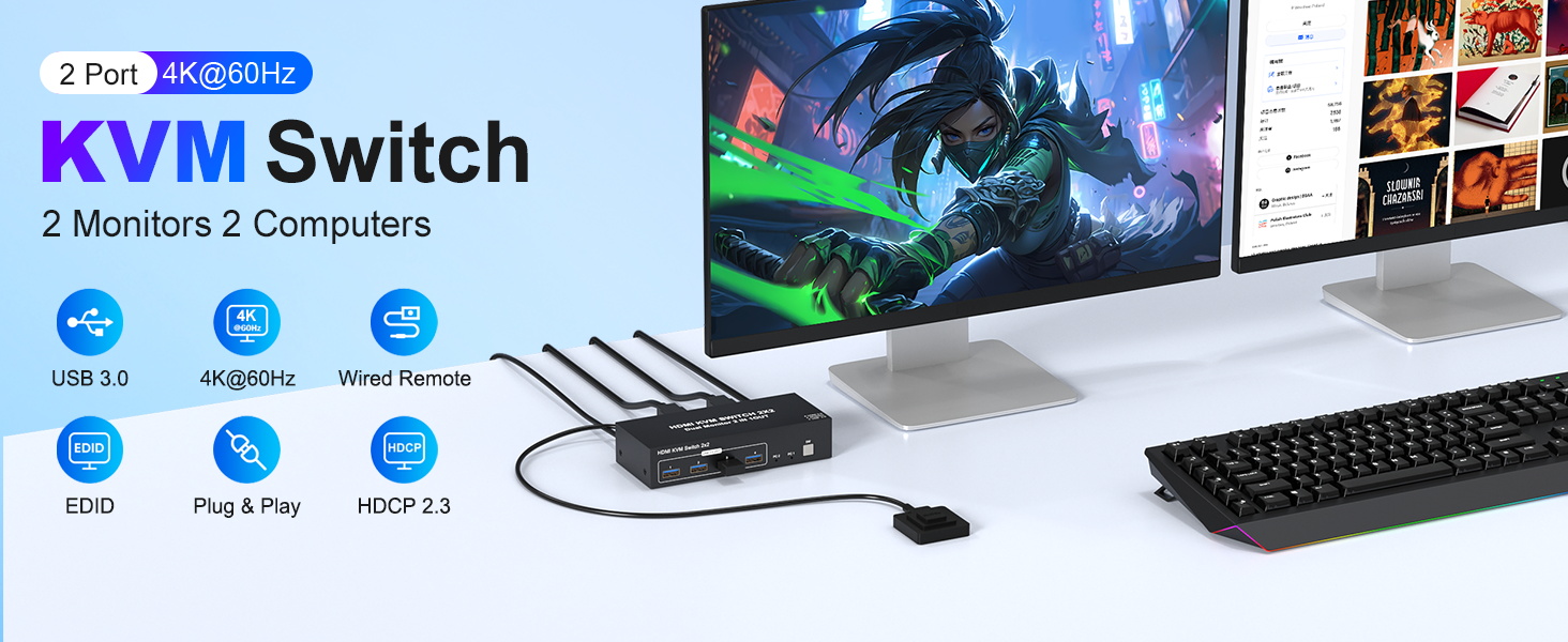 4K HDMI KVM Switch 2 Monitors 2 Computers 4K@60Hz, Dual Monitor KVM Switcher