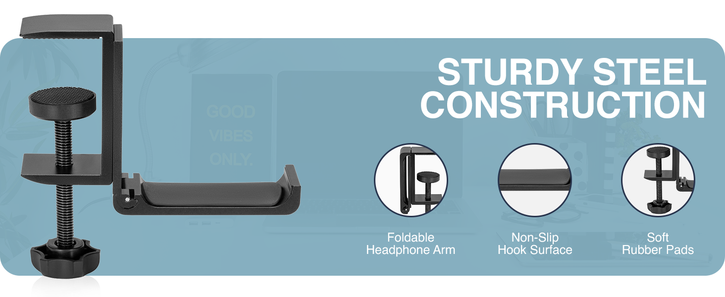 foldable headphone hook, under-desk headset hanger, rotating headphone mount, adhesive desk hook