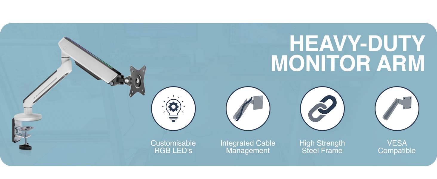single monitor arm, LED monitor arm, RGB monitor arm, gaming monitor arm, VESA mount, ergonomic