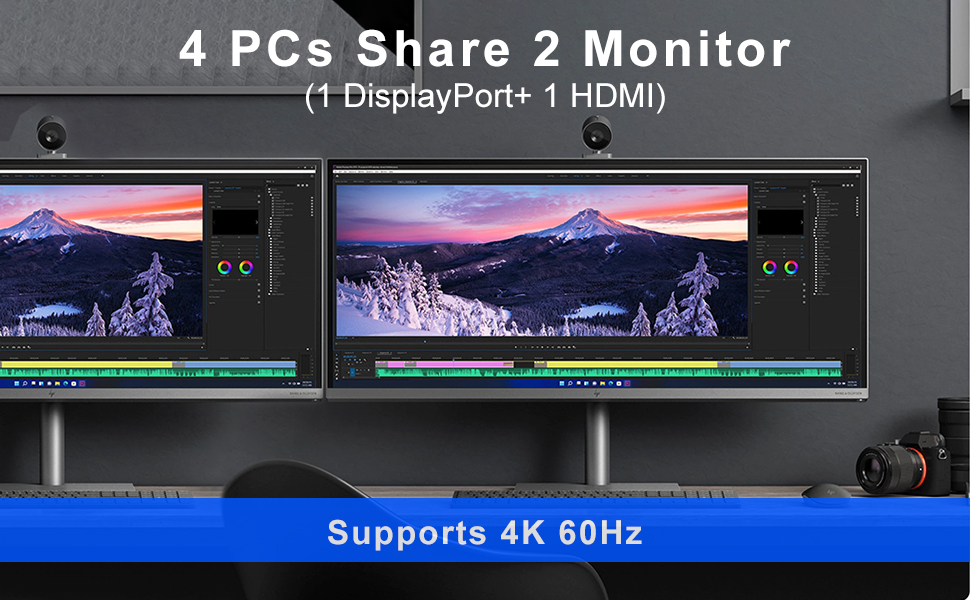 Product Features  1. 4 computers share one set of keyboard, mouse, 2 monitors, and more USB 3.0 peri