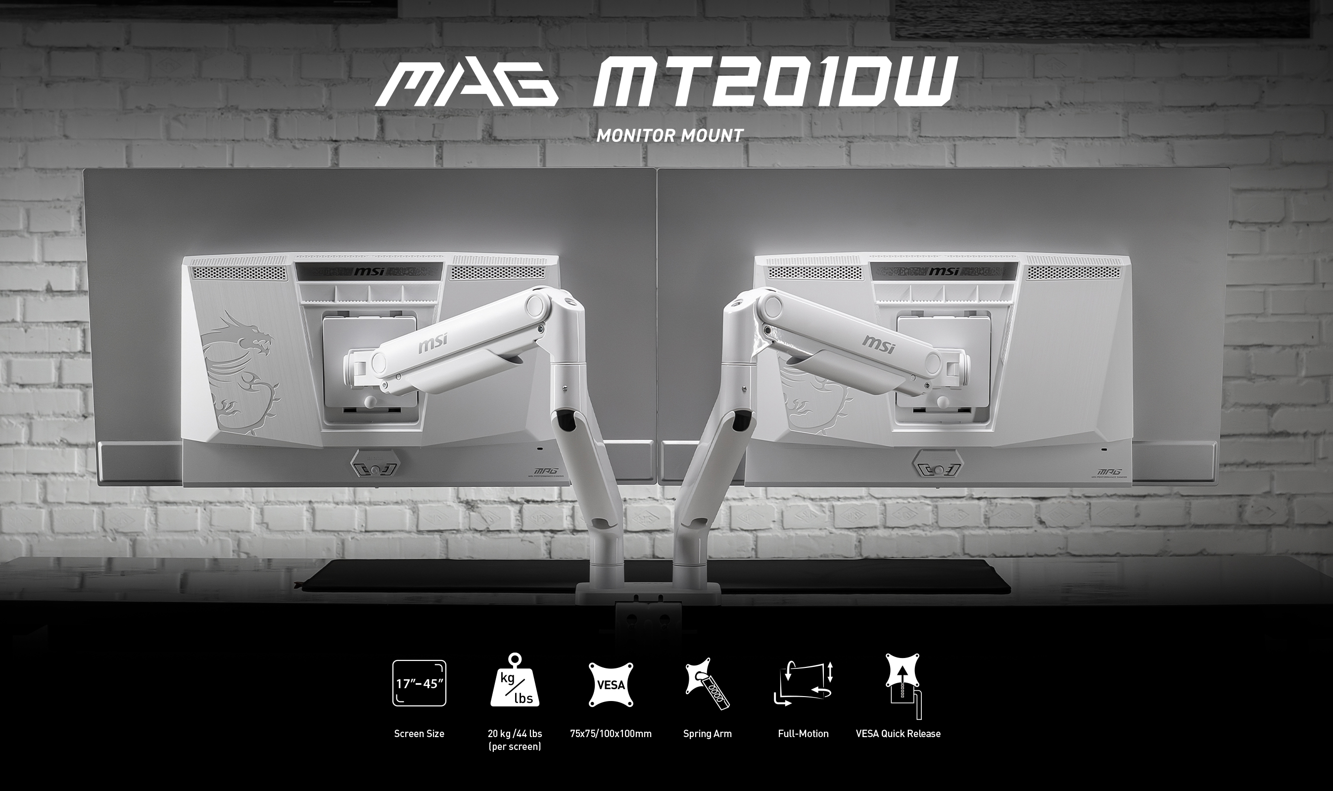 MSI MAG MT201DW - Premium Heavy Duty Dual Monitor Stand Arms Hero Image