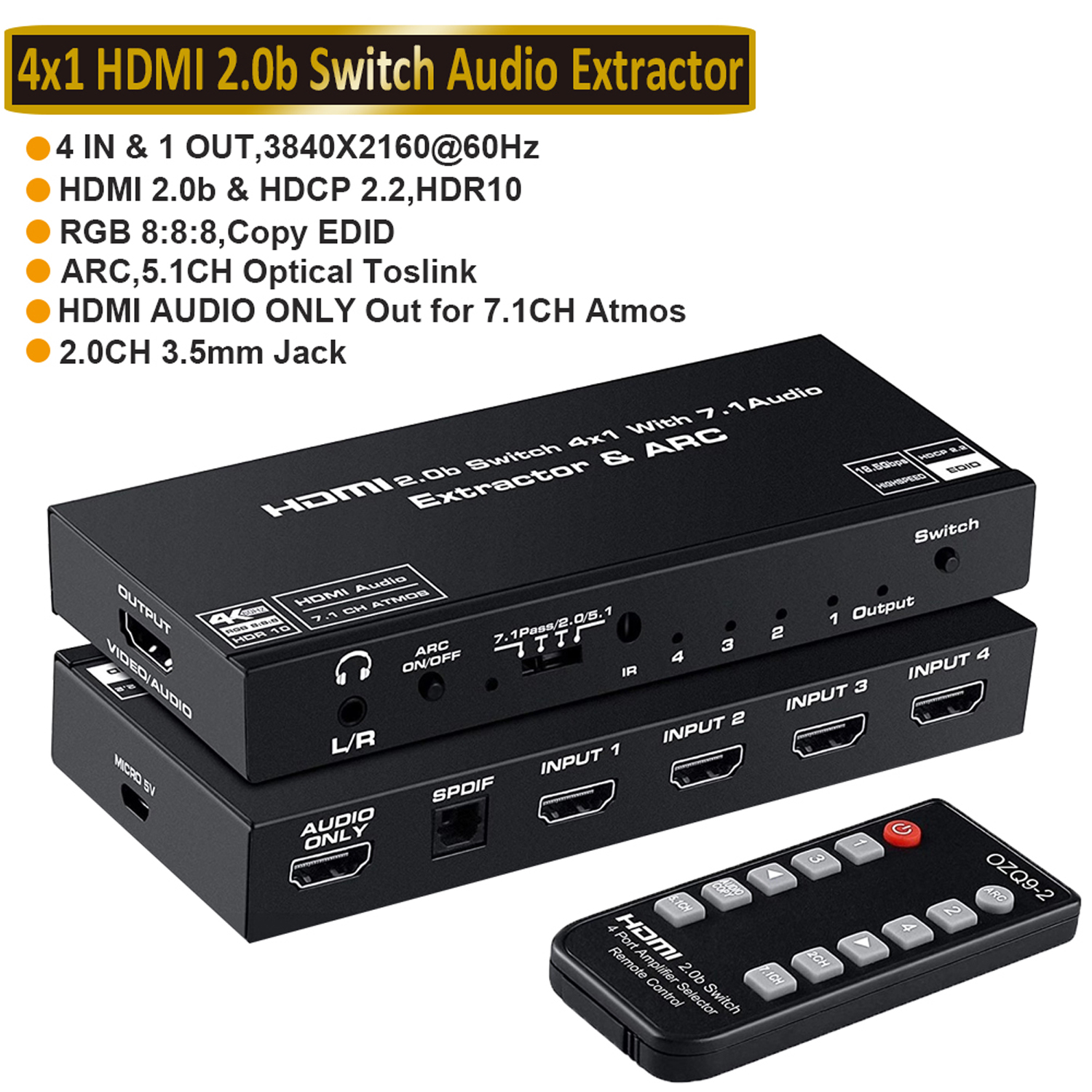 krølle Stærk vind torsdag ESTONE 4 Port 4K HDMI Switch with Optical & 3.5mm AUX Audio Audio Extractor  Out, 4x1 HDMI Switcher Audio Extractor Splitter Support 4K@60Hz,  1080P@120Hz, ARC, HDCP 2.2, HDR10, Dolby 7.1 Atoms Audio/Video