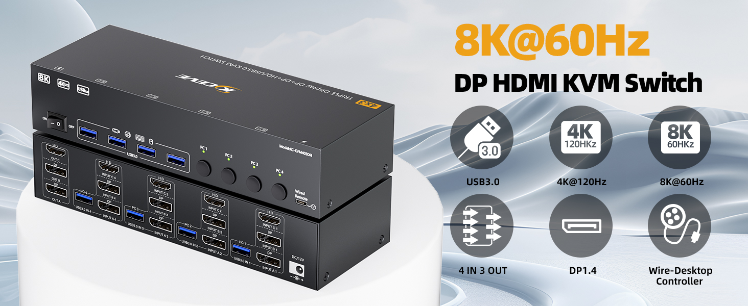 8K@60Hz KVM Switch 3 Monitors 4 Computers, HDMI + 2 Displayport KVM Switch Triple Monitor for 4 Comp