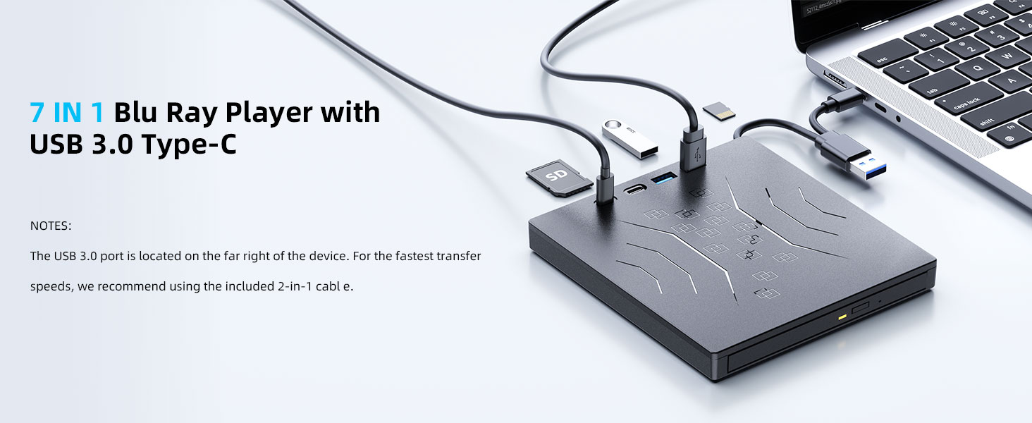 7 in 1 External Blu Ray Drive, Support 100G Disc R/W Portable Blu Ray Player with USB 3.0 Type-C, CD