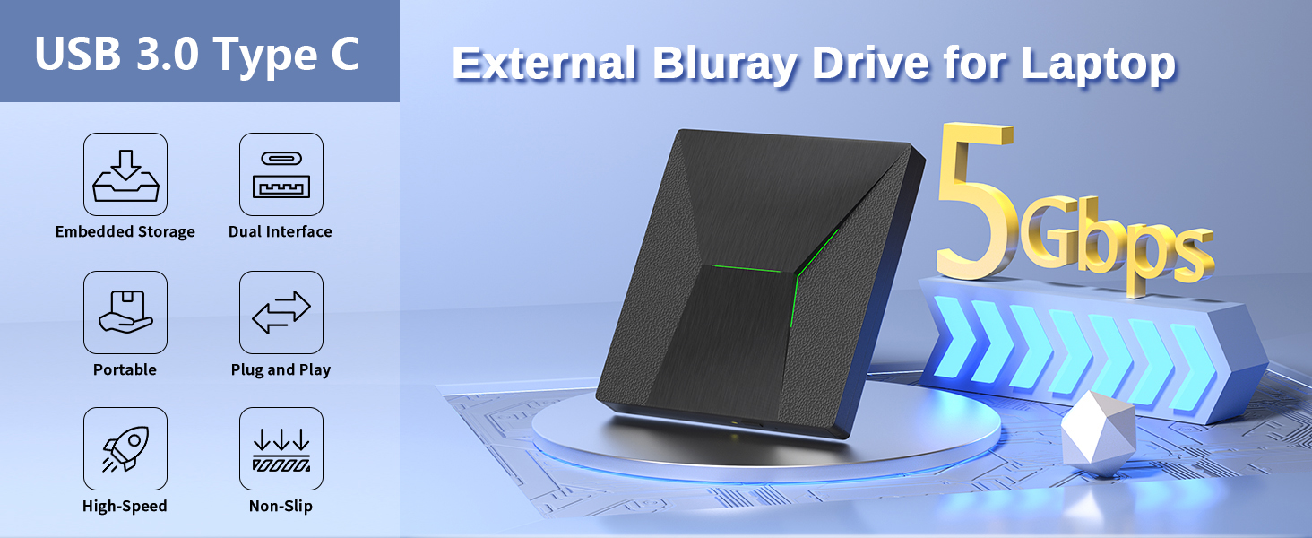 External Blu Ray Drive for Laptop, USB 3.0 Type-C External Bluray Burner, External Blueray