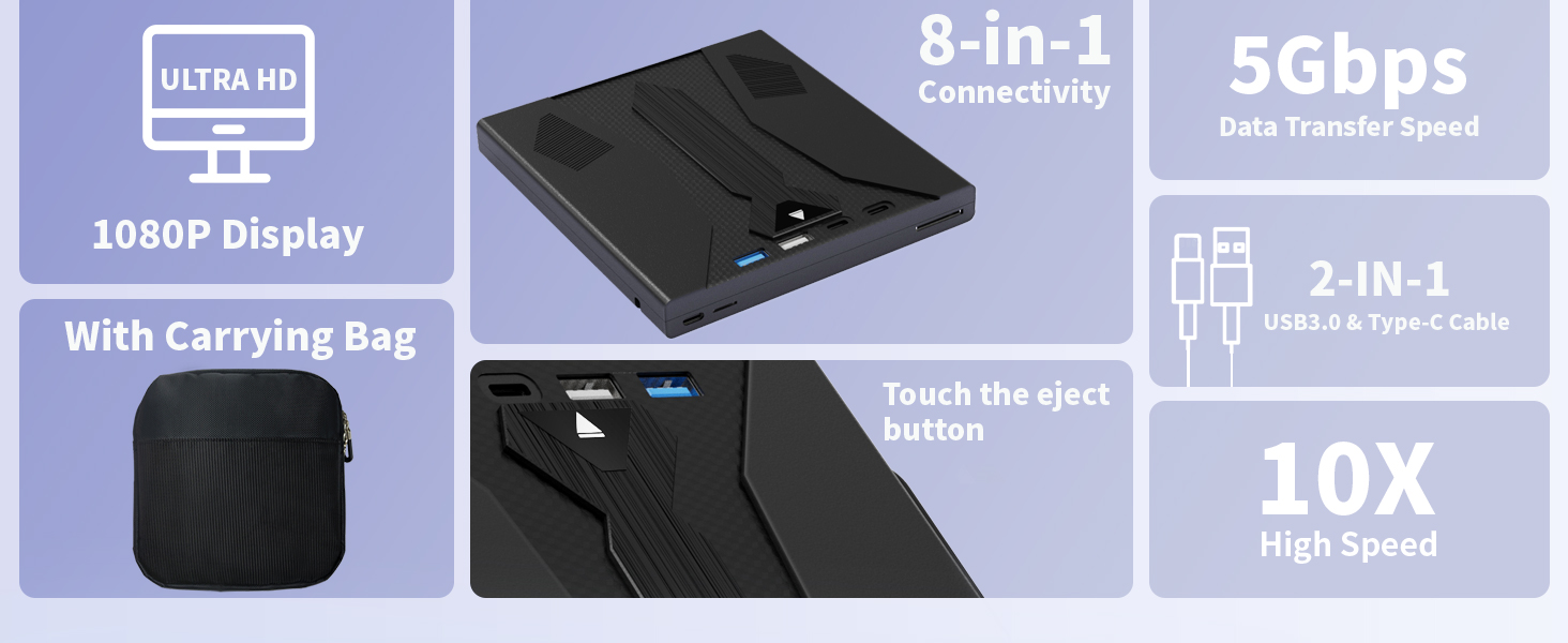 [7-in-1] External Optical Blu Ray Drive, USB 3.0 Type-C Blu Ray Burner Portable Blu Ray DVD/CD/BD Pl