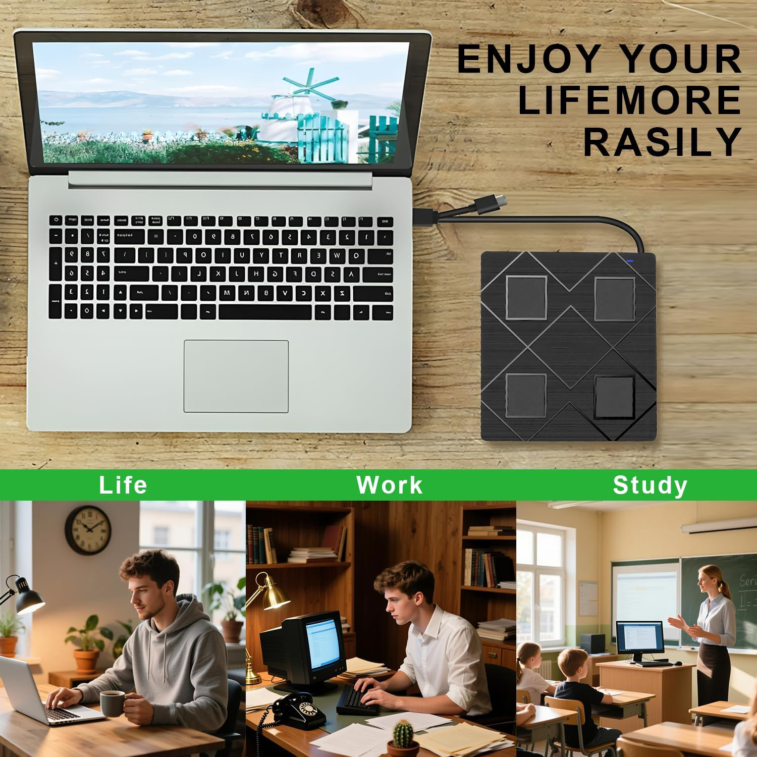 USB 3.0 & Type-C External DVD Drive for Laptop,Portable CD/DVD RW Burner, 5-in-1 External DVD Drive