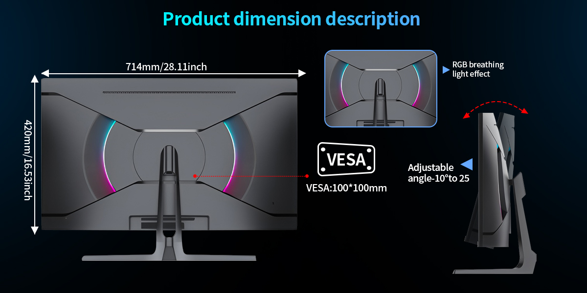 Product dimension diagram, rear RGB breathing light, adjustable tilt angle (-10° to 25°). Supports 1
