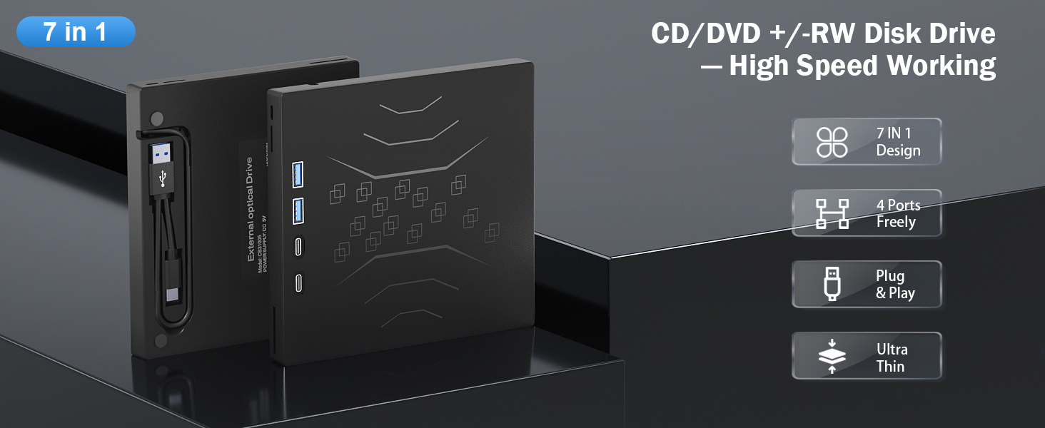 7 in 1 External DVD Drive, External CD/DVD Drive for Laptop USB 3.0 & Type-C