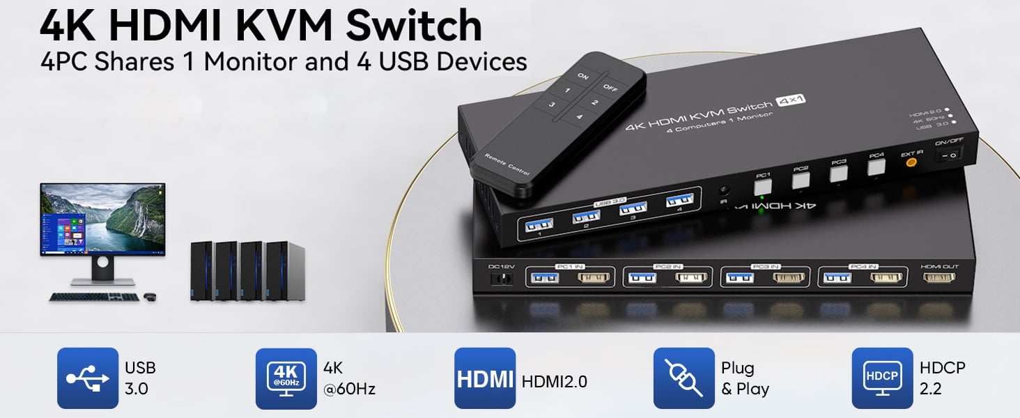 4K HDMI KVM Switch 1 Monitors 4 Computers