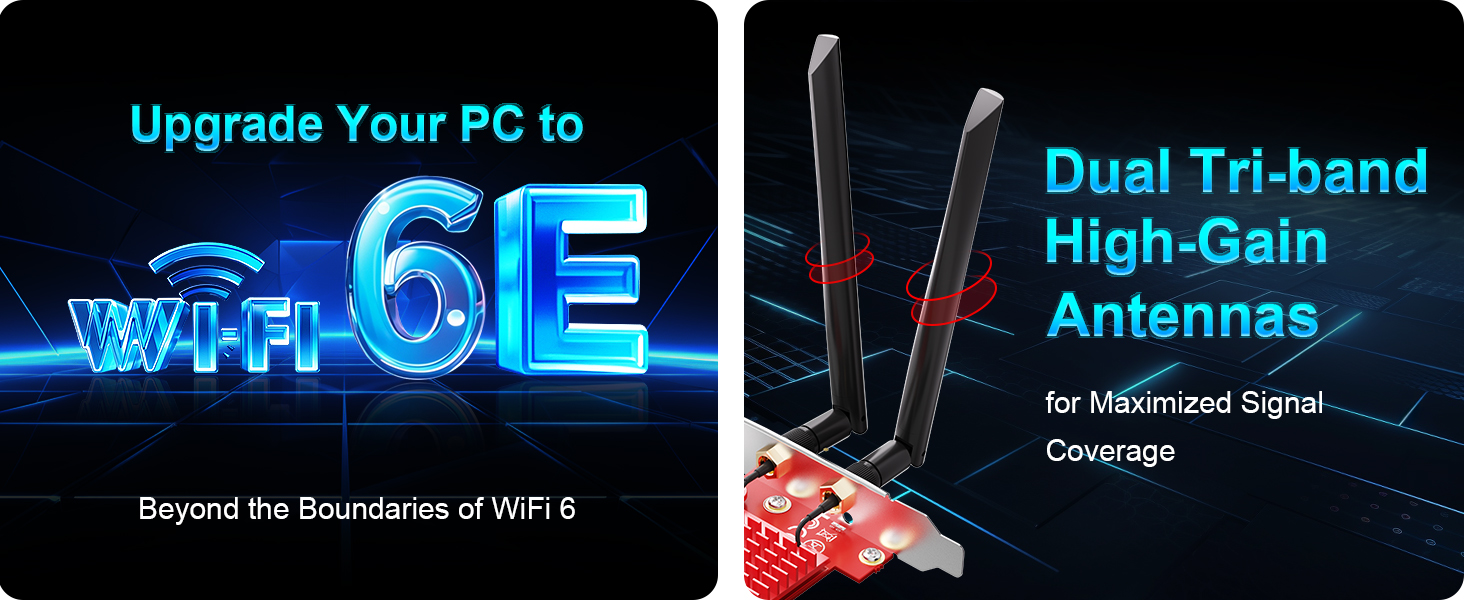 WiFi 6E PCIe Card | In-t-el AX210 Chip | 5400Mbps Tri-Band 2.4GHz/5GHz/6GHz WiFi Adapter