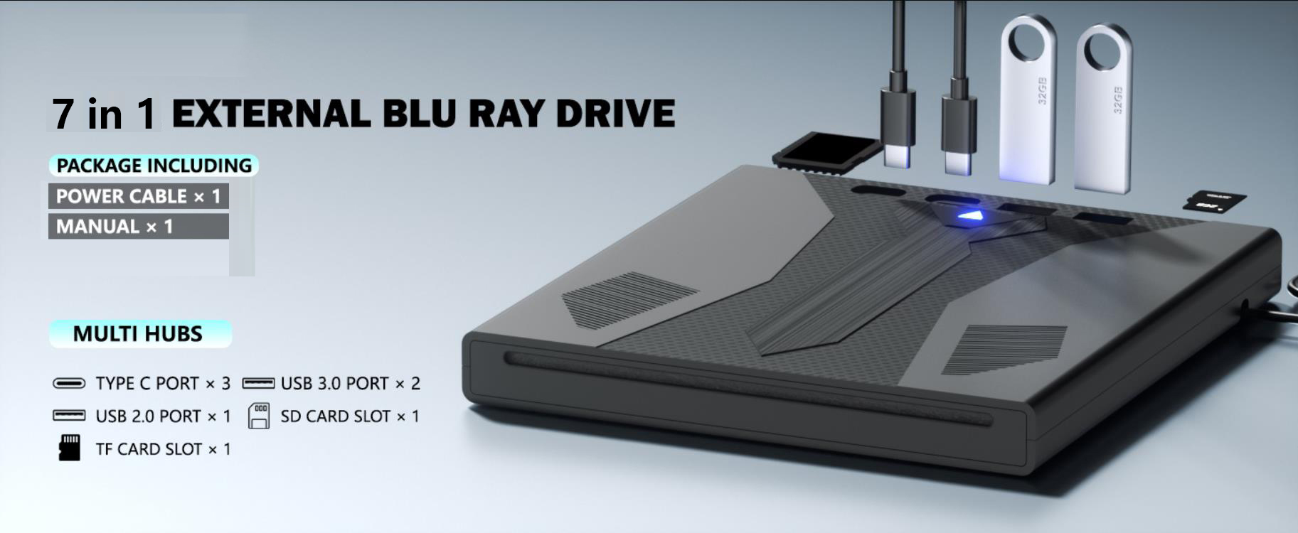 [7 in 1] External Blu Ray Drive, Support 100G Disc USB 3.0 and Type-C Blu Ray Burner